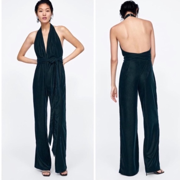 Zara Pants - Zara Woman Teal Blue Halter Velvet Jumpsuit